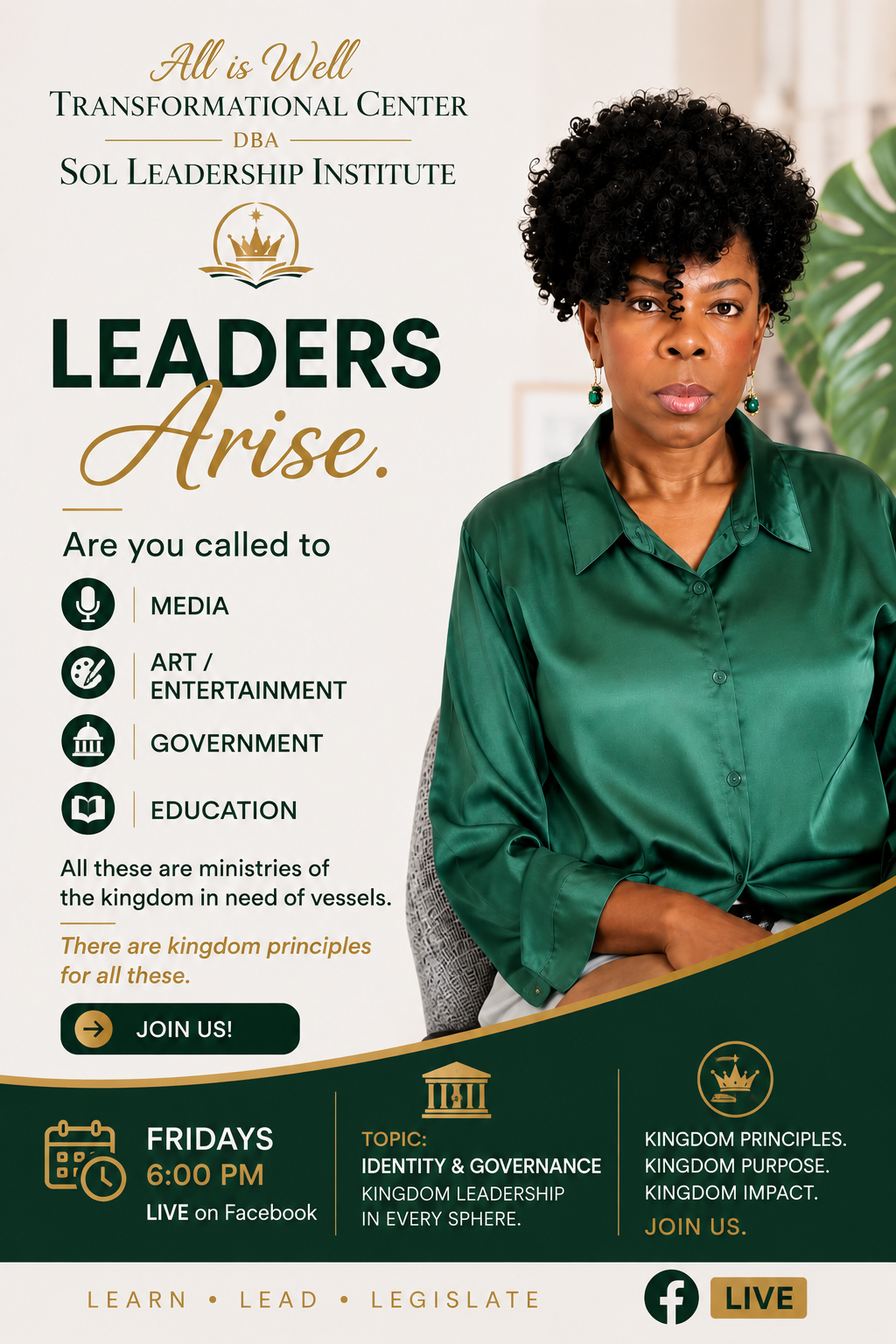 Leaders Arise — Media, Arts, Government & Education cohort flyer